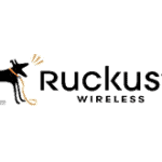 Black and white Ruckus Wireless logo featuring a stylized dog with a wireless antenna on its head, representing innovative wireless networking solutions.